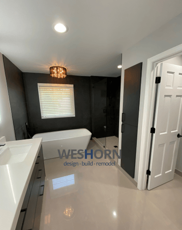 A bright, modern bathroom featuring sleek fixtures and a spacious walk-in shower.
