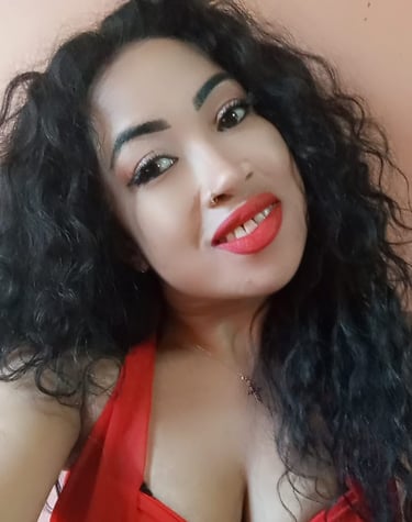 a sexy lady with red dress and smiling