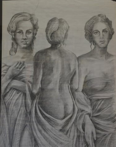 disegno a matita di tre donne in posa