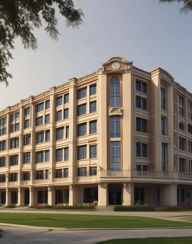 Students walking through Subharti University's tree-lined pathways on a sunny day.