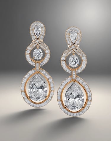 A pair of elegant earrings shimmering in black and gold tones against a dark backdrop.