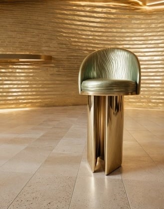 bespoke chair Celestia Throne chair design in metallic tones, blending art and architecture