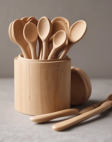Stylish wooden cutlery displayed on a rustic wooden table.