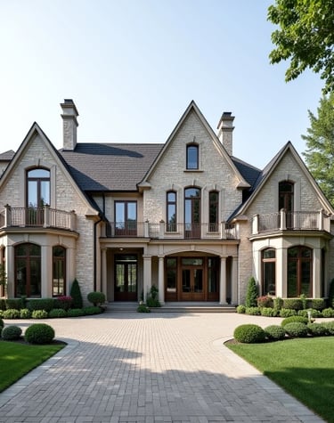 Luxury custom home with classic stone façade, landscaped gardens, and elegant architecture.