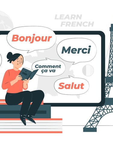 Girl sitting on books with french words floating around her