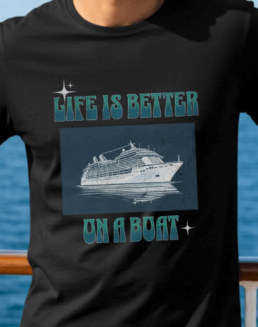 a man in a black shirt is standing on a boat