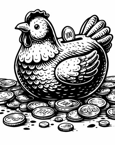 a hench sitting on top of coins in a basket