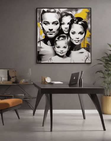 pintura de uma familia em uma sala de escritório.