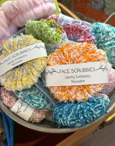 Handmade, reusable face scrubbies for gentle exfoliation and skin care.