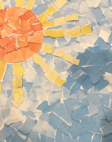 Collage made from torn paper by Heather Suto titled "Sun and Sea". 