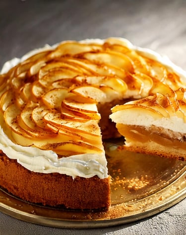 an apple cake with a slice taken out of it
