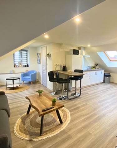 Studio meublé avec coin repas et espace détente pour professionnel en mission.