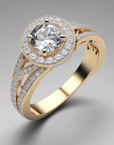 Close-up of a delicate champagne gold ring with a soft glow on an ivory background.