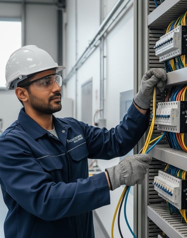 a man in a hard hat and safety glasses working on a machine