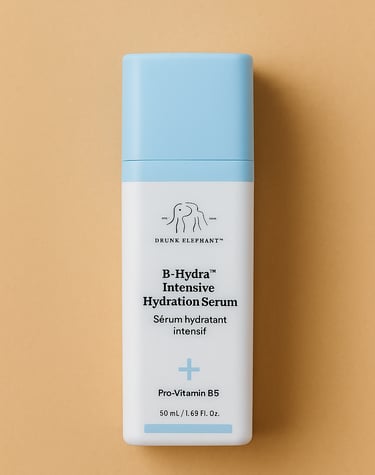 Drunk Elephant B-Hydra Intensive Hydration Serum bottle with a pastel blue cap and white body, featu