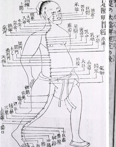 schéma ancien des méridiens de la médecine traditionnelle chinoise, caractère chinois