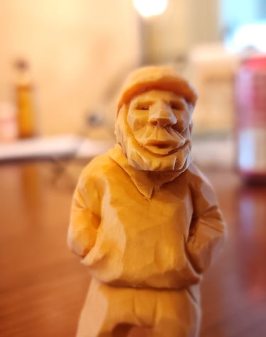 hand carved from basswood, old dock yard worker man 2" high.  carved by James Smith