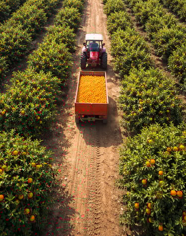 a tractor with a trailer in a citrus field