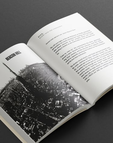 a book opened to show a book with a picture of a city skyline