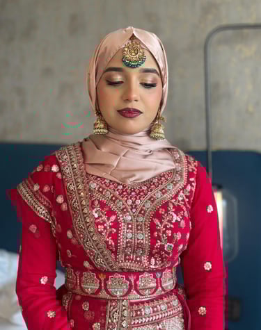 Professional hijab styling and bridal makeup Dubai.