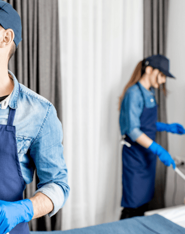 Personal de limpieza de hombre y una mujer con uniforme azul, limpiando habitación.