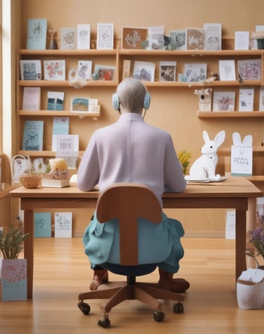Artist with headphones working at a wooden desk in a studio filled with greeting cards and artwork.