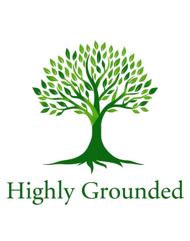 Highly Grounded logo featuring a green leafy tree with deep roots on a white background.