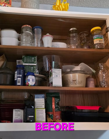 Before: cluttered kitchen cabinet with mixed containers, meds and teas, difficult to access