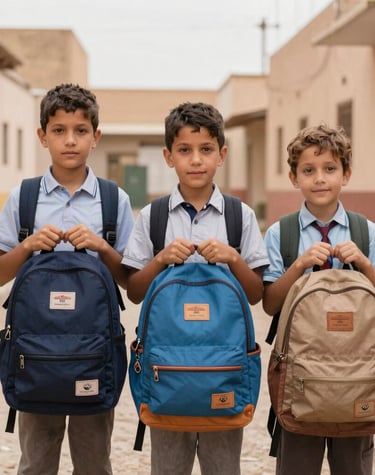 A group of young students proudly holding new backpacks and school supplies on the first day of school.