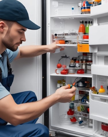 Close-up of a technician fixing a refrigerator compressor in a home kitchen.