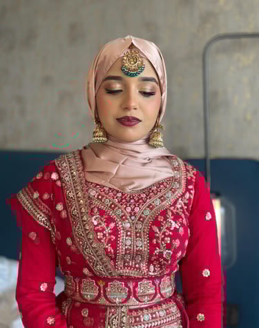 Professional hijab styling and bridal makeup Dubai.