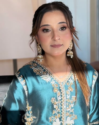 Luxury teal party glam makeup service in Dubai Marina.