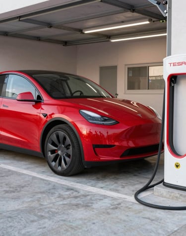 Tesla car parked inside the garage, bathed in soft sunset light, highlighting the clean and organized space.