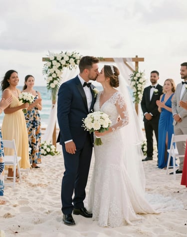A lively wedding band performing on a beach at sunset in Playa del Carmen