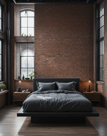Dormitorio industrial moderno con pared de ladrillo visto, iluminación tipo Edison y mobiliario negr