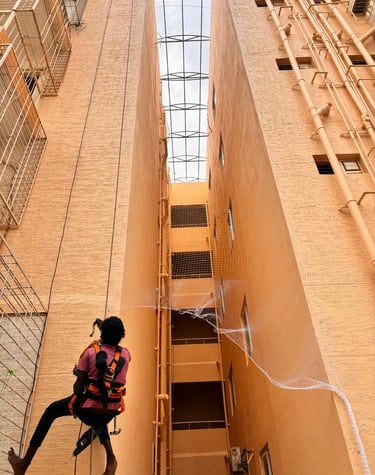 Close-up of a sturdy safety net securely installed on a residential balcony in Bengaluru.