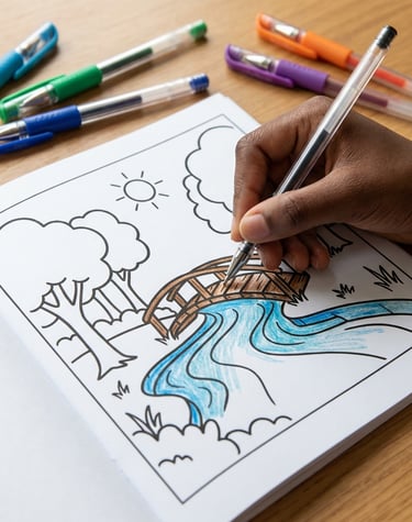 Hand coloring a bridge and river scene in a coloring book with colorful gel pens.
