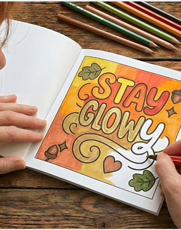 Artist coloring a 'Stay Glowy' autumn-themed illustration in a sketchbook with markers and colored pencils.