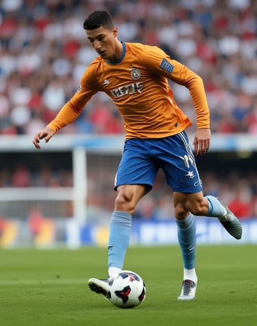A dramatic shot of a Premier League striker mid-air, about to score a goal under bright stadium lights.