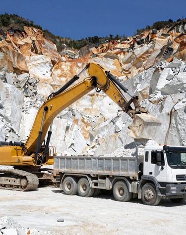 Industrial limestone quarry with heavy machinery operating under a clear sky.