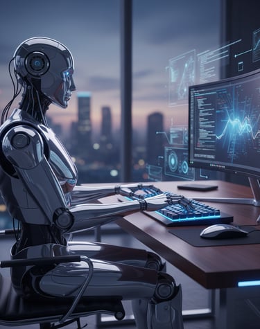 A silver humanoid AI robot typing on a keyboard at a desk with data analytics on a monitor.