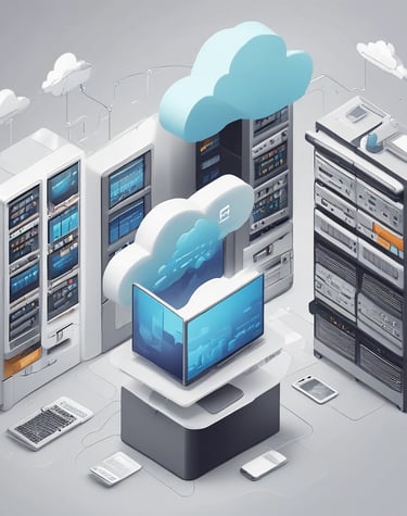 Isometric 3D illustration of cloud computing network servers and data storage infrastructure.
