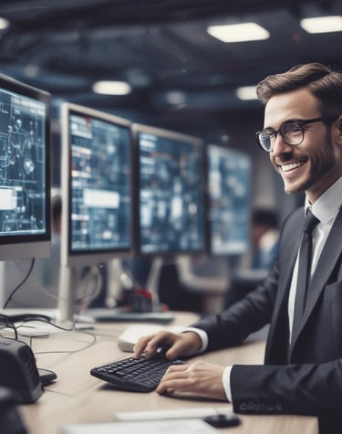 Smiling IT professional in a suit working on a multi-monitor computer workstation in a modern office.