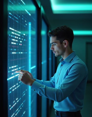 IT technician managing cloud data storage on a digital server interface in a dark network room.