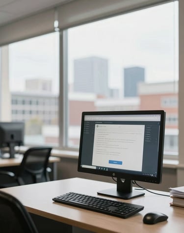Professional accountant reviewing financial documents with a calculator and laptop.