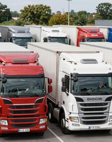A 4 Runner Transport vehicle loading cargo at a bustling logistics hub with cranes and containers.