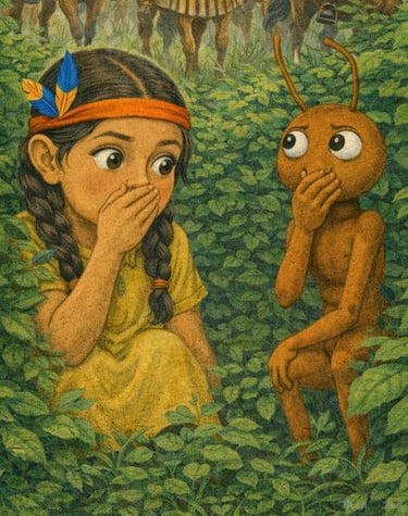 Shaman and Daisy hiding in the bushes for the horsemen. 