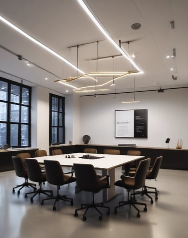 jbsd group team members discussing a project in a conference room with a blue-and-white theme.