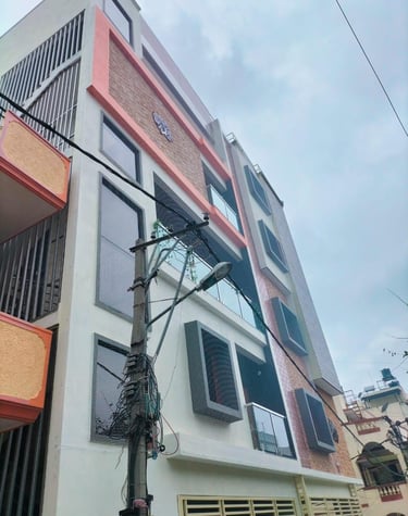 Wide shot of a residential building in Pune with anti-pigeon nets installed on all windows.
