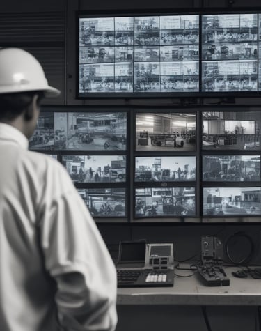 Close-up of a computer setup with multiple monitors displaying administrative software.
